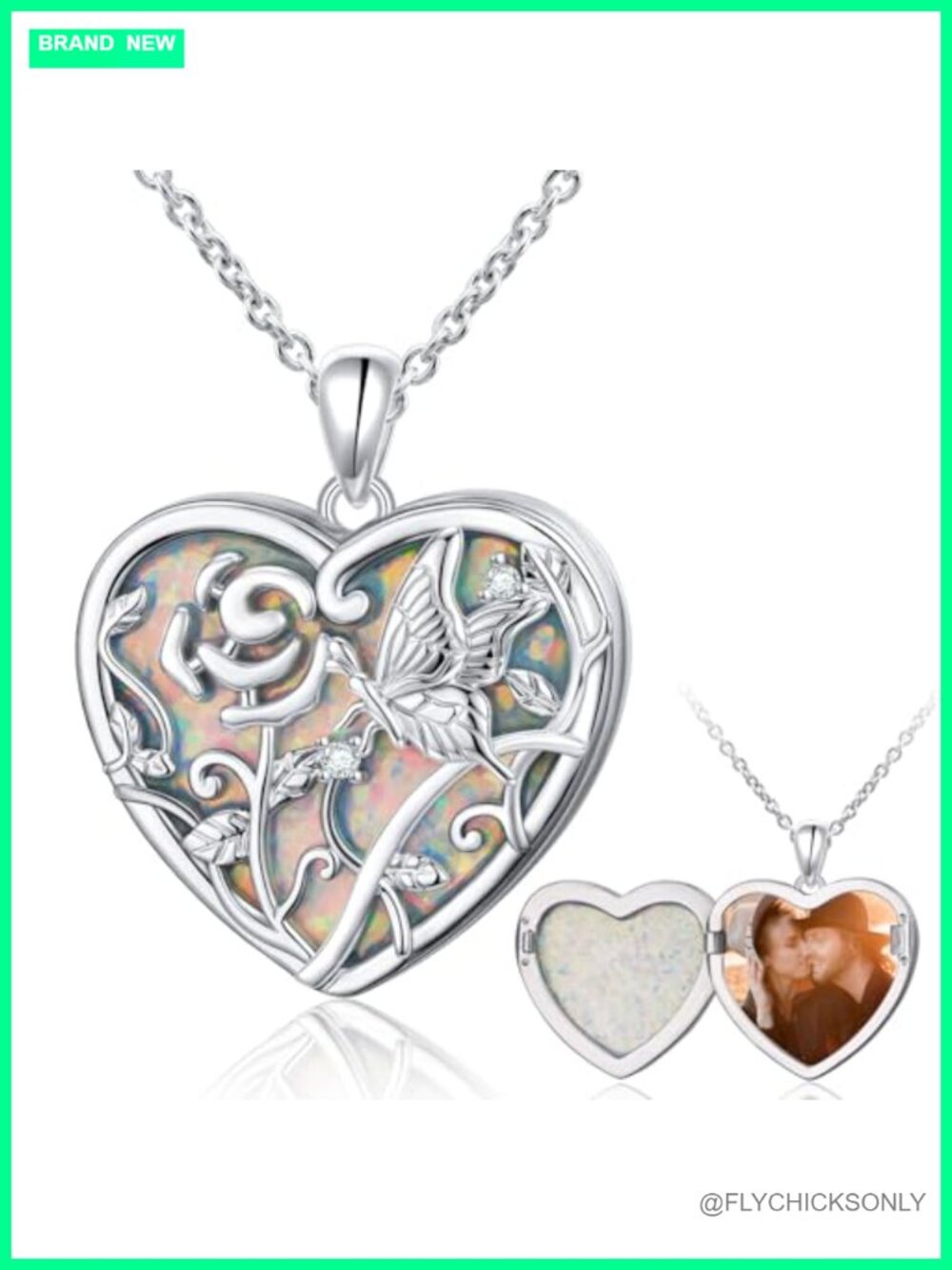 925 Sterling Silver Heart Locket Necklace Created Opal Butterfly Rose 18in